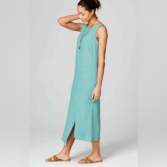 Pure Jill Linen Blend Asymmetric Dress Medium Petite MP Aegean Blue Summer.  24 - Picture 2 of 9